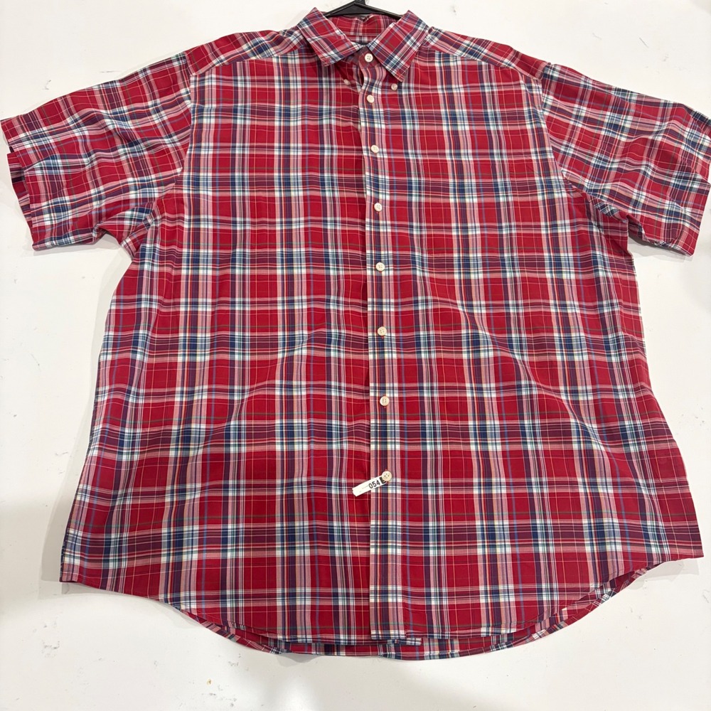 Roundtree & Yorke Mens 2XT Red Plaid Short Sleeve Button Down Cotton Shirt